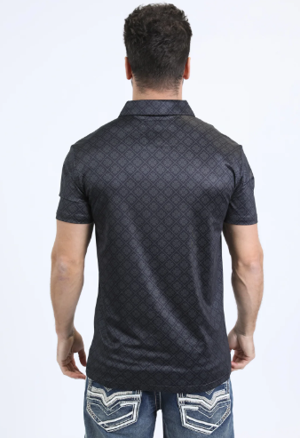 Mens Performance Modern Fit Stretch Aztec Print Black Polo