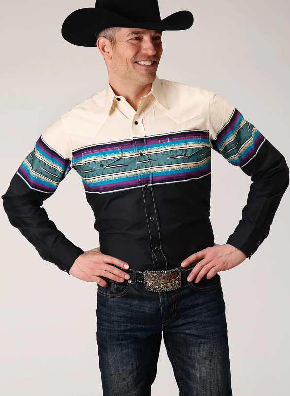 Mens Long Sleeve Snap Greenline Serape Border Western Shirt