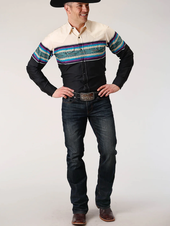 Mens Long Sleeve Snap Greenline Serape Border Western Shirt
