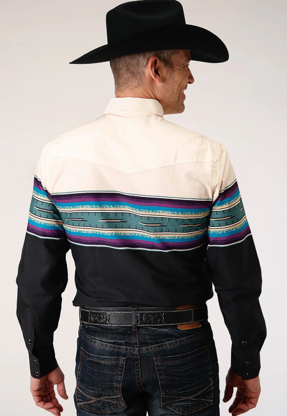 Mens Long Sleeve Snap Greenline Serape Border Western Shirt