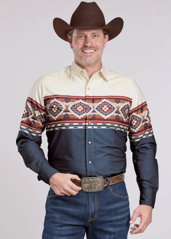 Mens Long Sleeve Snap Ombre Border Print Western Shirt
