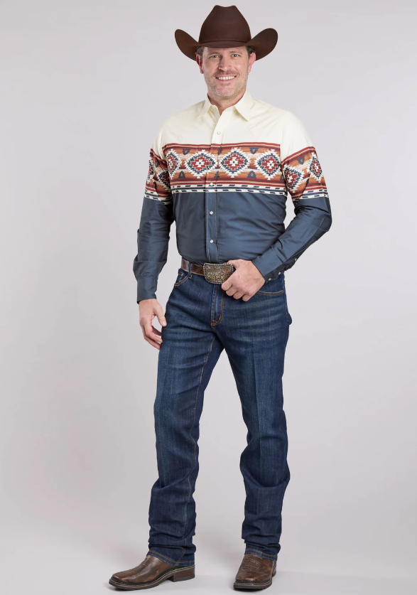 Mens Long Sleeve Snap Ombre Border Print Western Shirt