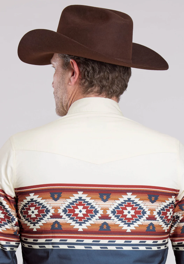 Mens Long Sleeve Snap Ombre Border Print Western Shirt