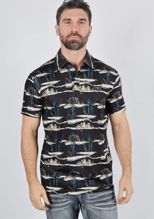 Mens Performance Fabric Modern Fit Stretch Cactus Print Polo