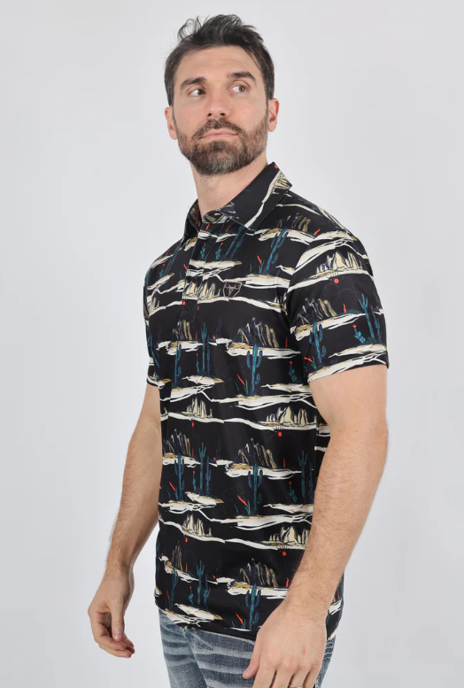 Mens Performance Fabric Modern Fit Stretch Cactus Print Polo