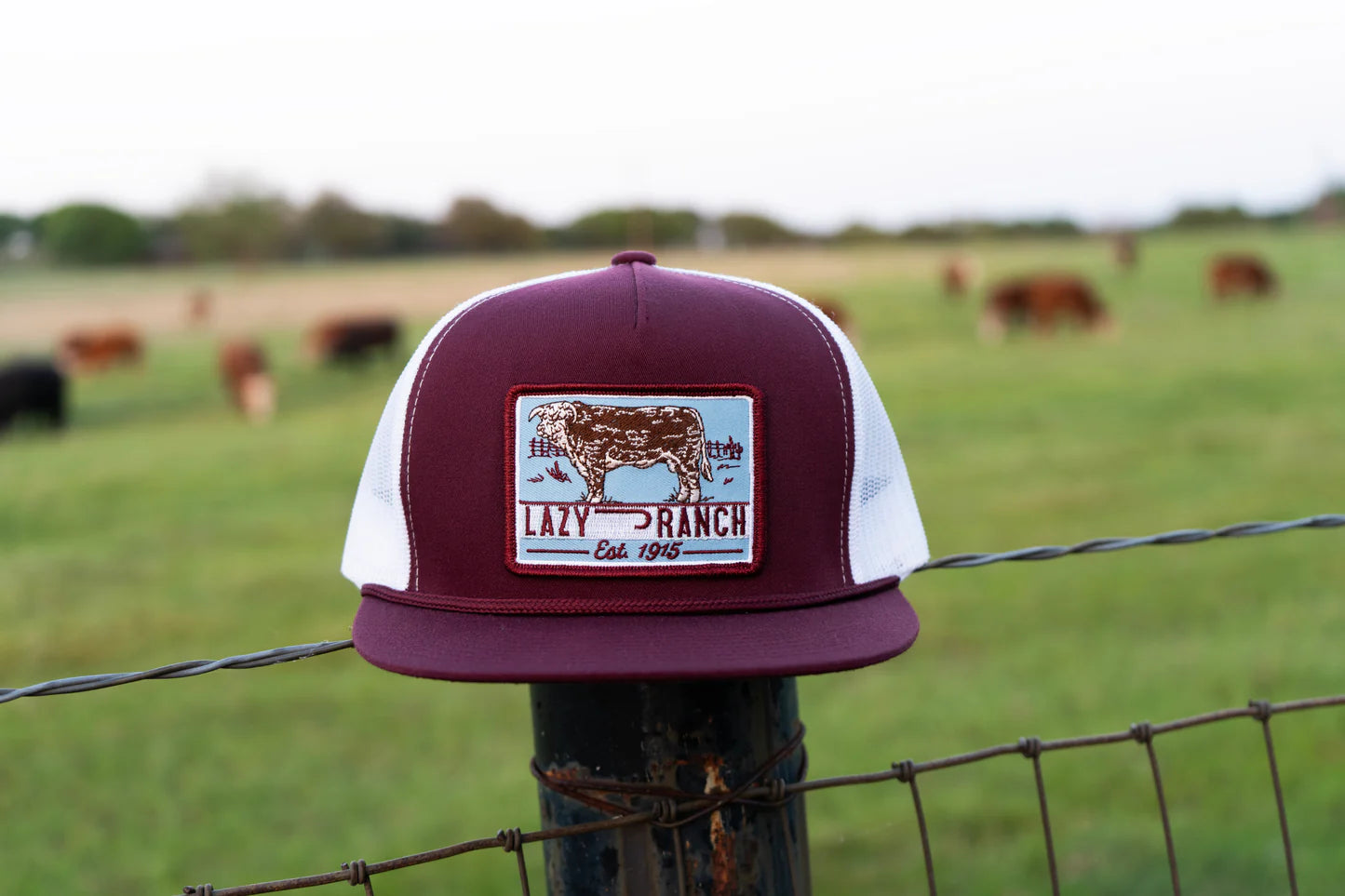 Lazy J Ranch Maroon & White Blue Bull Trap Classic Rope Trucker Hat