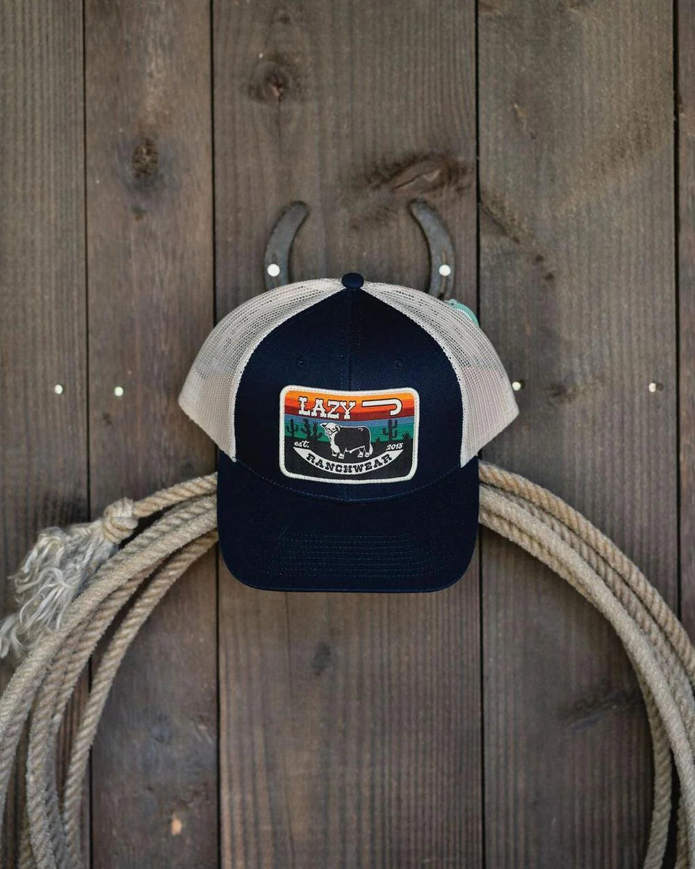 Lazy J Ranch Navy & Tan Serape Sunrise Mid Profile Trucker Hat