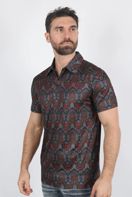 Mens Performance Fabric Modern Fit Stretch Aztec Print Polo
