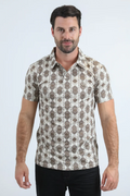 Mens Performance Fabric Modern Fit Stretch Aztec Print Beige Polo