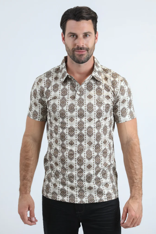Mens Performance Fabric Modern Fit Stretch Aztec Print Beige Polo