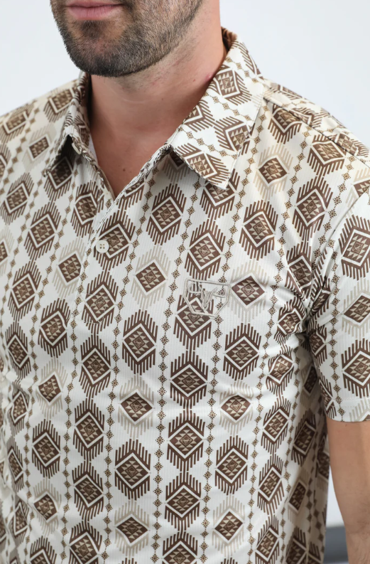 Mens Performance Fabric Modern Fit Stretch Aztec Print Beige Polo