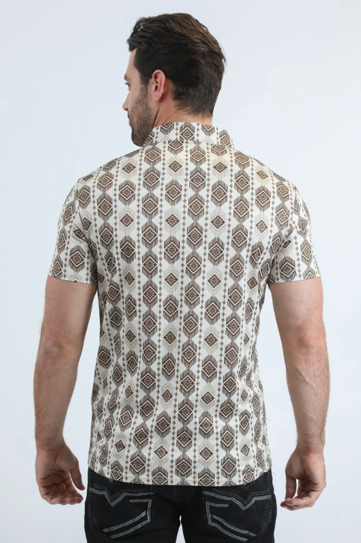 Mens Performance Fabric Modern Fit Stretch Aztec Print Beige Polo