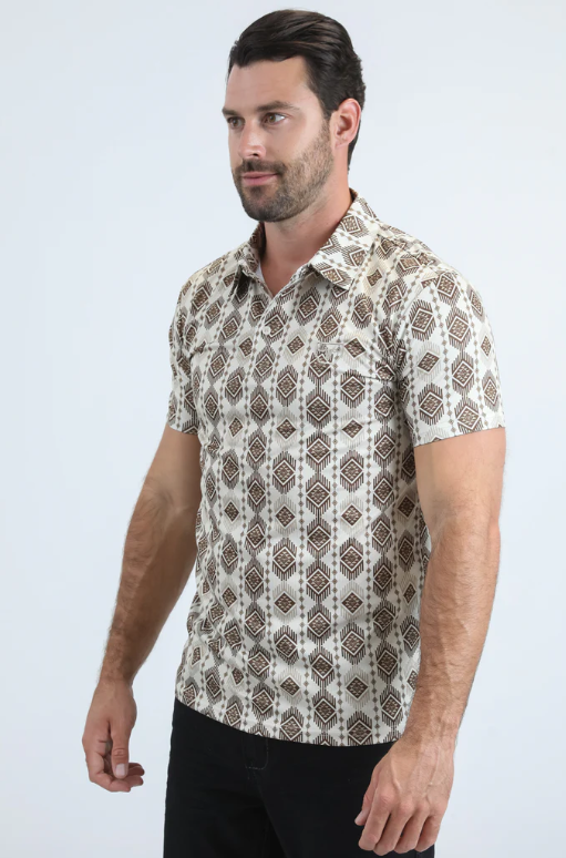 Mens Performance Fabric Modern Fit Stretch Aztec Print Beige Polo