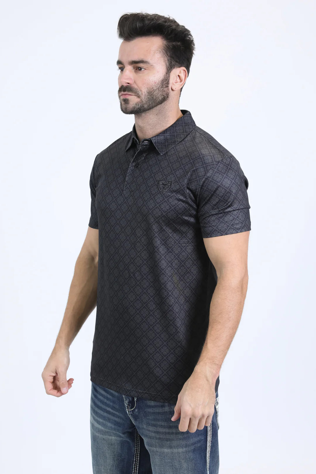 Mens Performance Modern Fit Stretch Aztec Print Black Polo