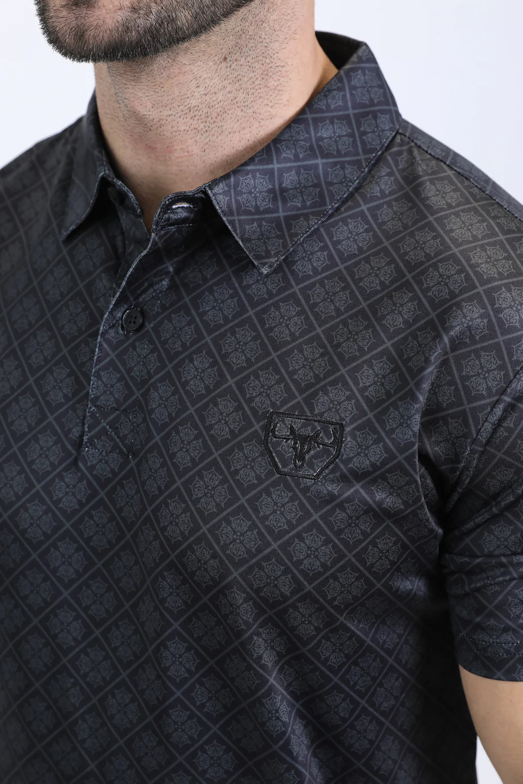 Mens Performance Modern Fit Stretch Aztec Print Black Polo