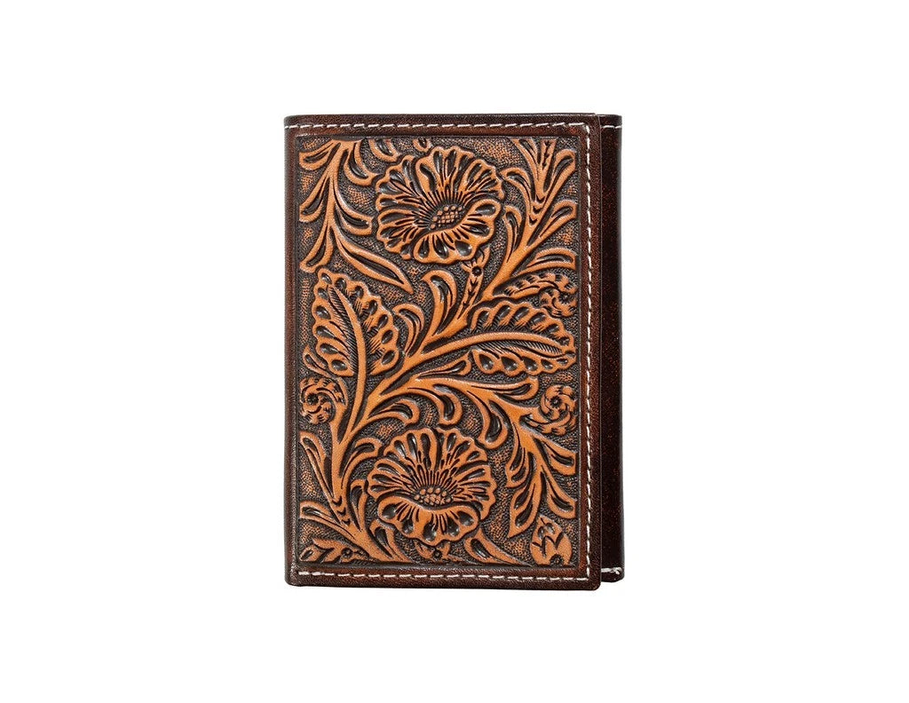 Nocona Western Wallet Mens Trifold Floral Embossing Brown